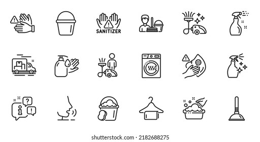 Outline set of Plunger, Cleaning service and Sponge line icons for web application. Talk, information, delivery truck outline icon. Include Wash hands, Clean towel, Dirty mask icons. Vector