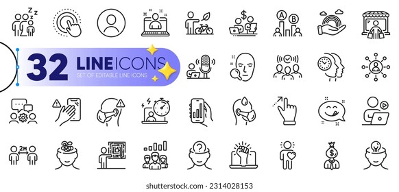 Outline set of Podcast, Ab testing and Manager line icons for web with Best manager, Engineering team, Medical mask thin icon. Mental health, Budget accounting. Design with yellow 3d stars. Vector