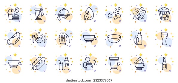 Outline set of Popcorn, Food delivery and Bowl dish line icons for web app. Include Restaurant app, Romantic dinner, Water bottle pictogram icons. Dry cappuccino, Beer glass, Fish signs. Vector