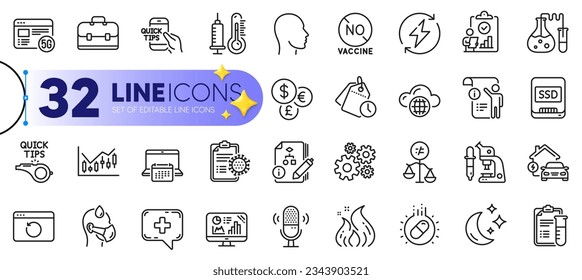 Outline set of Portfolio, Tutorials and Sick man line icons for web with Microphone, Cloud computing, Analytics graph thin icon. Discrimination, Time management, Moon pictogram icon. Vector
