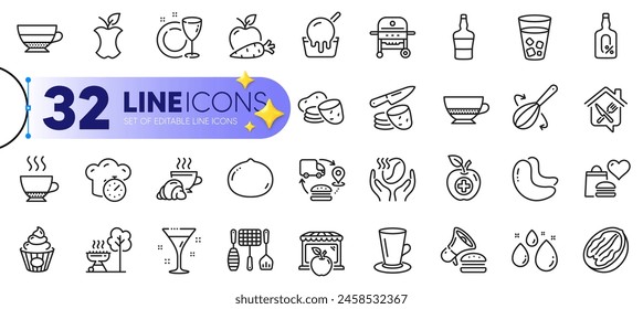 Outline set of Potato chips, Supply chain and Cashew nut line icons for web with Cake, Food delivery, Cooking whisk thin icon. Ice tea, Ice cream, Market pictogram icon. Water drop. Vector