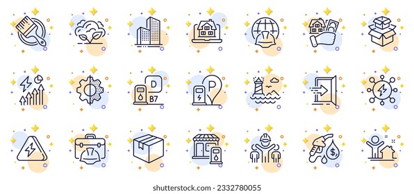 Outline set of Power, Lighthouse and Filling station line icons for web app. Include Charging station, Construction toolbox, Transform pictogram icons. Electricity consumption, Co2 gas. Vector
