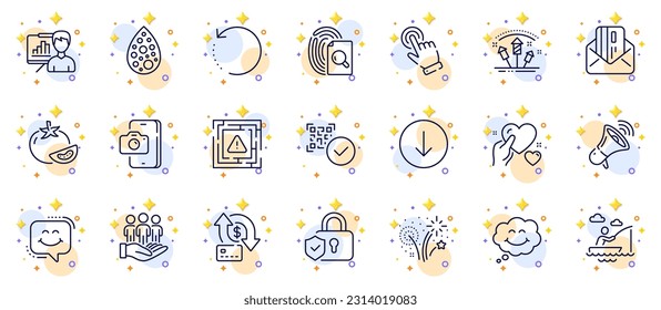 Outline set of Presentation board, Artificial colors and Security lock line icons for web app. Include Smile, Boat fishing, Fireworks rocket pictogram icons. Credit card, Money transfer. Vector