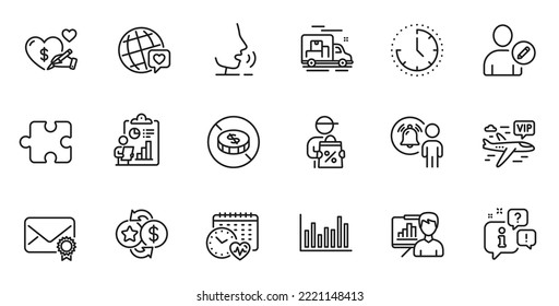 Outline set of Presentation board, Delivery discount and Report line icons for web application. Talk, information, delivery truck outline icon. Include Puzzle, Vip flight, Social care icons. Vector