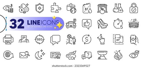 Outline set of Print image, Global business and Receive file line icons for web with Hot offer, Check eye, Engineering documentation thin icon. Dollar exchange, Question mark. Vector
