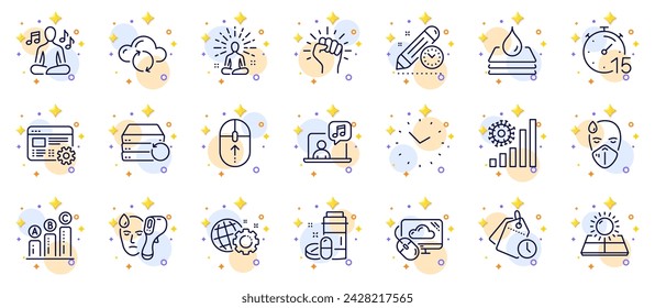 Outline set of Project deadline, Yoga and Seo gear line icons for web app. Include Sick man, Cloud sync, Empower pictogram icons. Sun energy, Medical drugs, Swipe up signs. Yoga music. Vector