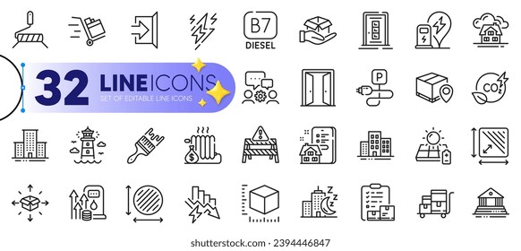 Outline set of Property agency, Saving electricity and Co2 gas line icons for web with Night city, Circle area, Parcel tracking thin icon. Square area, Open door, Fuel price pictogram icon. Vector
