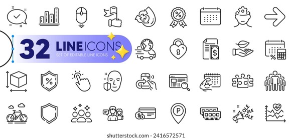 Outline set of Puzzle, Annual tax and Box size line icons for web with Website search, Cardio training, Leaf thin icon. Squad, Leadership, Parking pictogram icon. Fitness calendar, Group. Vector