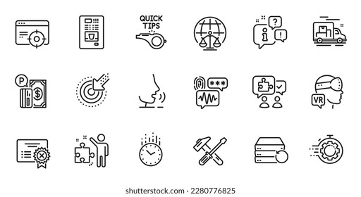 Outline set of Puzzle, Reject certificate and Tutorials line icons for web application. Talk, information, delivery truck outline icon. Include Parking payment, Seo timer, Strategy icons. Vector