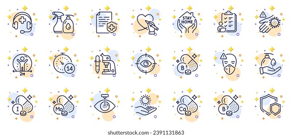 Outline set of Quarantine, Medical mask and Thiamine vitamin line icons for web app. Include Checklist, Wash hand, Social care pictogram icons. Microscope, Eye target, Sun protection signs. Vector