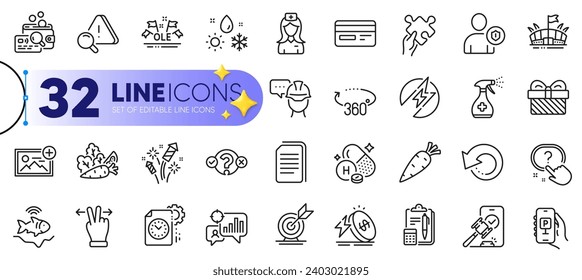 Outline set of Question button, Hospital nurse and Security line icons for web with Recovery data, Energy price, Project deadline thin icon. Accounting, Target goal, Credit card pictogram icon. Vector