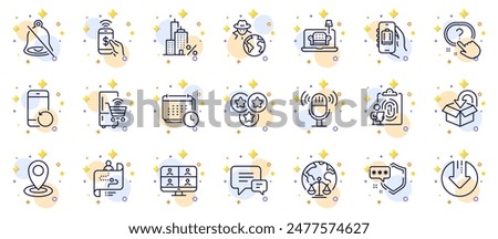 Outline set of Question button, Return package and Phone payment line icons for web app. Include Mortgage, Fraud, Fingerprint pictogram icons. Recovery phone, Download arrow, Furniture signs. Vector