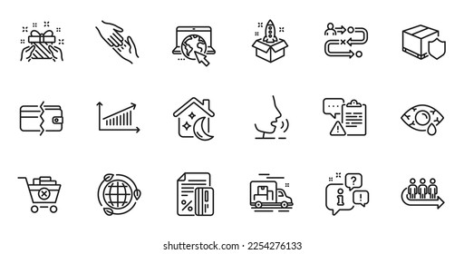 Outline set of Queue, Helping hand and Sleep line icons for web application. Talk, information, delivery truck outline icon. Include Journey path, Clipboard, Payment methods icons. Vector