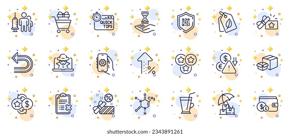 Outline set of Quick tips, App settings and Deflation line icons for web app. Include Undo, Packing boxes, Loyalty points pictogram icons. Fraud, Loyalty gift, Shopping trolley signs. Vector