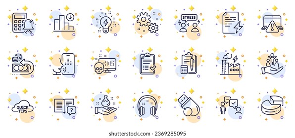 Outline set of Quick tips, Inclusion and Power certificate line icons for web app. Include Instruction manual, Work, Consulting business pictogram icons. Flash memory. Circles with 3d stars. Vector
