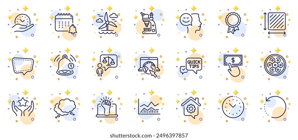 Outline set of Quick tips, Windmill and Internet line icons for web app. Include Lawyer, Microscope, Square area pictogram icons. Calendar, Chat message, Ranking signs. Payment click. Vector