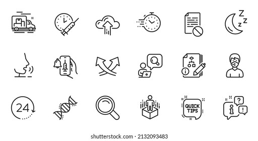 Outline set of Quick tips, Wrong file and Intersection arrows line icons for web application. Talk, information, delivery truck outline icon. Vector