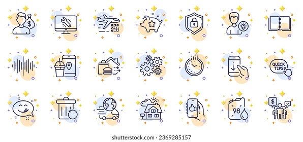 Outline set of Quick tips, Yummy smile and Person idea line icons for web app. Include Qr code, Like app, Time pictogram icons. Loyalty points, Scroll down, Shield signs. Monitor repair. Vector