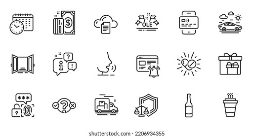 Outline set of Quiz test, Medical drugs and Calendar time line icons for web application. Talk, information, delivery truck outline icon. Include Delivery boxes, Ole chant, Beer icons. Vector