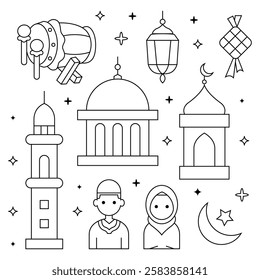 Outline set of ramadan elements icons vector illustration