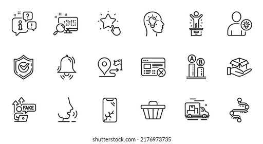 Outline set of Ranking star, Timeline and Shop cart line icons for web application. Talk, information, delivery truck outline icon. Include Winner podium, Ab testing, Hold box icons. Vector