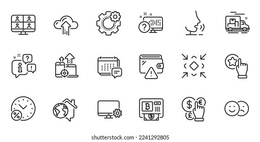Umrisse der Schaltfläche Rate, Seo Devices und Like Line Icons für Webanwendungen. Talk, Information, Lieferwagen Umriss Symbol. Einschließlich Video-Konferenz, Minimieren, Nachrichten-Symbole. Vektorgrafik