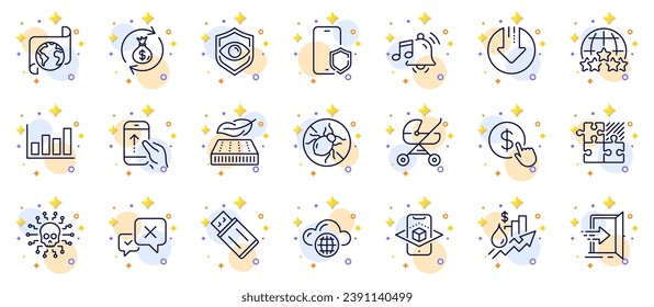 Outline set of Rating stars, Puzzle game and Eye detect line icons for web app. Include Entrance, Buy currency, Cloud computing pictogram icons. Download arrow, Lightweight mattress. Vector