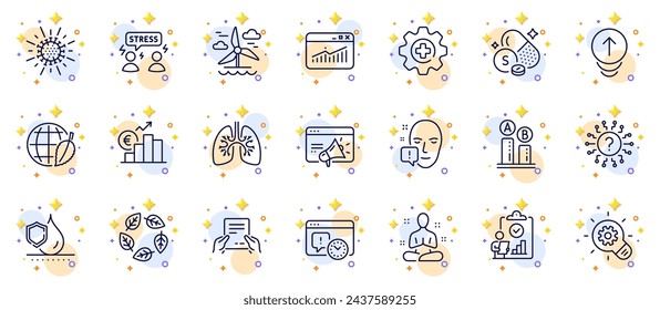 Outline set of Receive file, Environment day and Face attention line icons for web app. Include Yoga, Lungs, Waterproof pictogram icons. Medicine, Organic tested, Question mark signs. Vector