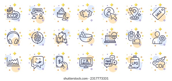 Outline set of Receive money, Fingerprint and Co2 line icons for web app. Include User, Cash back, Yummy smile pictogram icons. Headphones, Fast delivery, Difficult stress signs. Payment. Vector