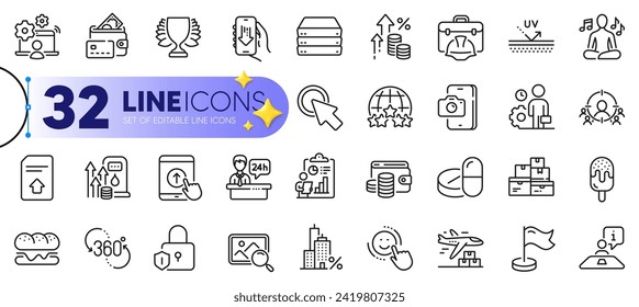 Outline set of Reception desk, Inflation and Report line icons for web with Ice cream, Online job, Mortgage thin icon. Construction toolbox, Uv protection, Upload file pictogram icon. Vector