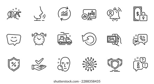 Conjunto de esquema de datos de recuperación, porcentaje de préstamo e iconos de línea probados dermatológicamente para aplicaciones web. Hable, información, icono de esquema del camión de entrega. Vector