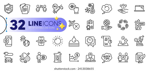 Outline set of Recovery data, Quick tips and Feather signature line icons for web with Report, Freezing, Laptop thin icon. Cogwheel, Social distancing, Consolidation pictogram icon. Vector