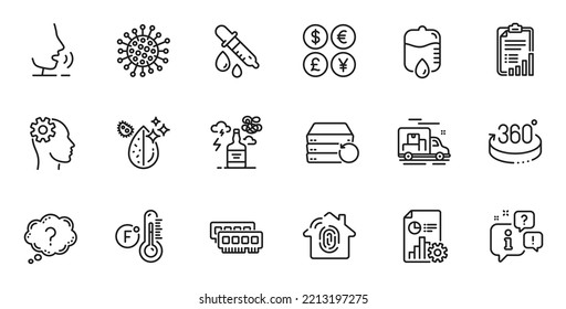 Outline set of Recovery server, Money currency and Drop counter line icons for web application. Talk, information, delivery truck outline icon. Vector