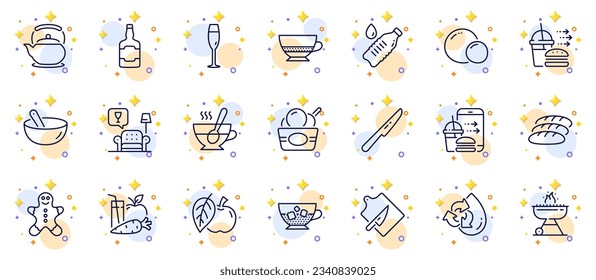 Outline set of Recycle water, Cooking mix and Champagne glass line icons for web app. Include Table knife, Teapot, Lounge pictogram icons. Food delivery, Juice, Food order signs. Vector