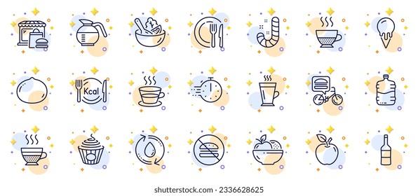 Outline set of Refill water, Calories and Ice cream line icons for web app. Include Food delivery, Fruits, Dish pictogram icons. Macadamia nut, Wine, Coffeepot signs. Salad, Apple. Vector