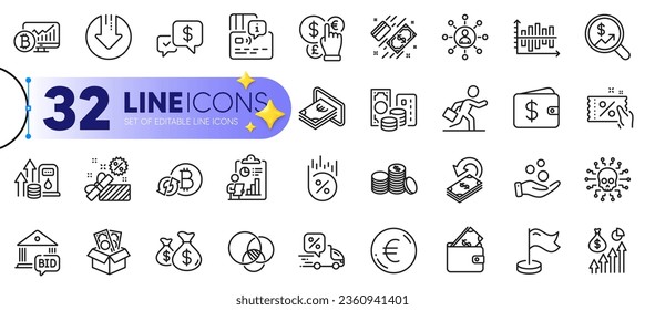 Outline set of Refresh bitcoin, Currency audit and Wallet line icons for web with Report, Discount coupon, Cashback thin icon. Businessman run, Download arrow, Payment received pictogram icon. Vector