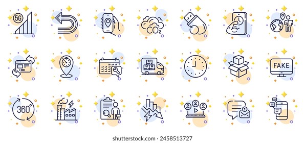 Outline set of Refresh website, Location app and Outsource work line icons for web app. Include Fake news, Spanner, Clock pictogram icons. Timer, Electricity factory, Packing boxes signs. Vector