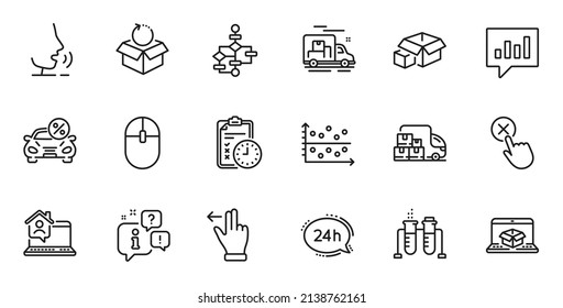 Outline set of Reject click, Packing boxes and Delivery truck line icons for web application. Talk, information, delivery truck outline icon. Vector