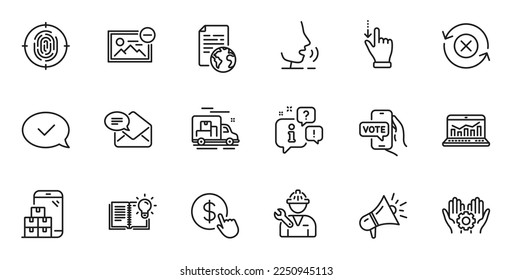 Outline set of Reject refresh, Mobile inventory and Buy currency line icons for web application. Talk, information, delivery truck outline icon. Vector