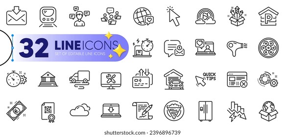 Outline set of Reject web, Hair dryer and Fireworks rocket line icons for web with Saving electricity, Delivery service, Parking thin icon. Repair, Lgbt, Agreement document pictogram icon. Vector