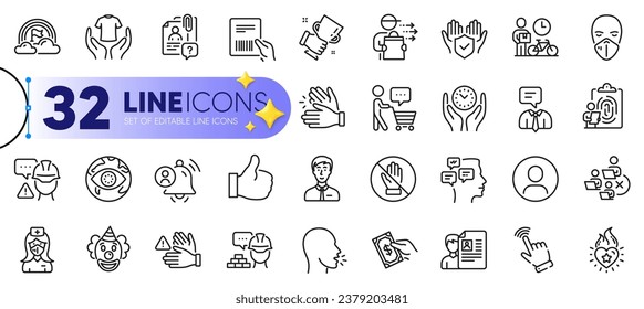 Outline set of Remove team, Fingerprint and Builder warning line icons for web with Cough, Buyer think, Medical mask thin icon. Like, Cursor, Businessman person pictogram icon. Lgbt. Vector