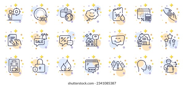 Outline set of Repair document, Wallet and Food delivery line icons for web app. Include Coffee maker, Lock, Helping hand pictogram icons. Buying house, Petrol canister, Global business signs. Vector