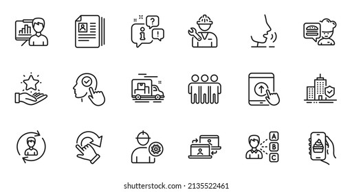 Conjunto de esquemas de Repairman, tablero de presentación e iconos de línea de Chef para aplicaciones web. Hable, información, icono de esquema del camión de entrega. Incluir el usuario Select, los documentos Cv, los iconos de Opinión. Vector