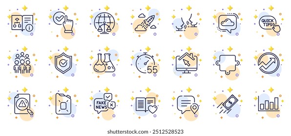 Conjunto de esquemas de diagrama de informe, cohete de inicio e iconos de línea de libro de amor para App de Web. Incluir algoritmo técnico, escudo aprobado, iconos de pictograma de pago rápido. Comunicación en la nube. Vector