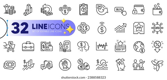 Outline set of Report, Discounts cart and 3d chart line icons for web with Portfolio, Vip ticket, Loyalty points thin icon. Corrupt, Fuel price, Buying currency pictogram icon. Stress. Vector