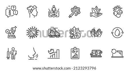 Outline set of Report, Growth chart and Recovery laptop line icons for web application. Talk, information, delivery truck outline icon. Vector