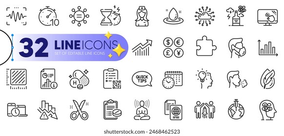 Conjunto esquemático de iconos de línea de divisas de informe, prescripción médica y dinero para el Web con metro cuadrado, yoga, icono delgado de gestión del tiempo. Vitamina h, reloj de arena, icono de pictograma de tijeras. Vector