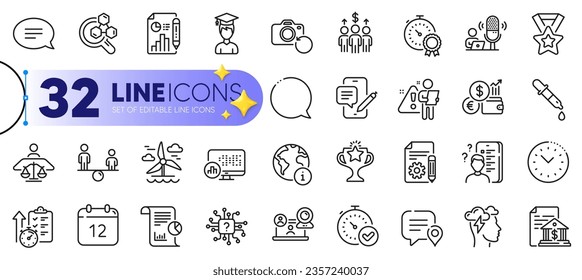 Outline set of Report statistics, Survey and Winner ribbon line icons for web with Internet, Documentation, Recovery photo thin icon. Report, Student, Mindfulness stress pictogram icon. Vector