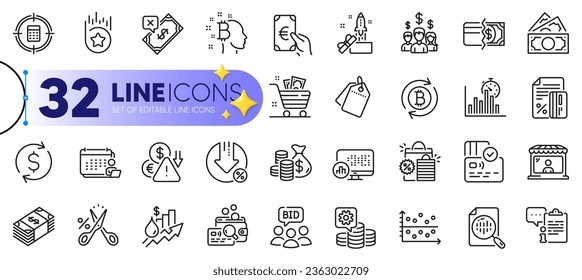 Outline set of Report timer, Auction and Inspect line icons for web with Card, Rejected payment, Dollar exchange thin icon. Salary employees, Refresh bitcoin, Accounting pictogram icon. Vector