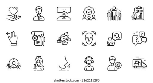 Outline set of Report, Touchscreen gesture and Face detection line icons for web application. Talk, information, delivery truck outline icon. Vector